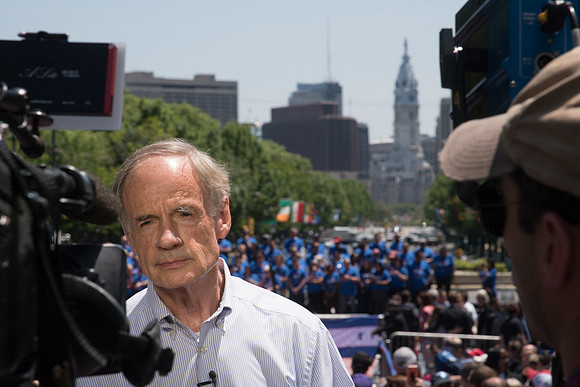 Delaware Senator Tom Carper speaks to the media before Joe Biden makes his announcement.