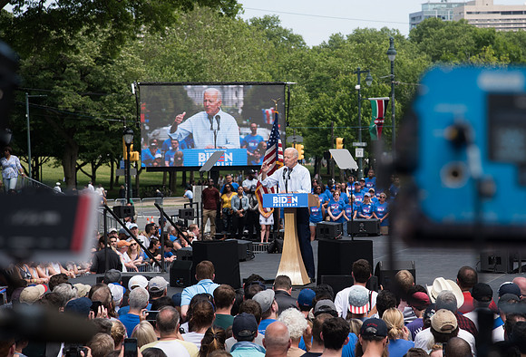 Fmr Vice President Joe Biden takes the stage in Philadelphia, PA.