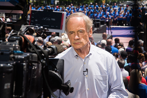 Delaware Senator Tom Carper speaks to the media before Joe Biden makes his announcement.