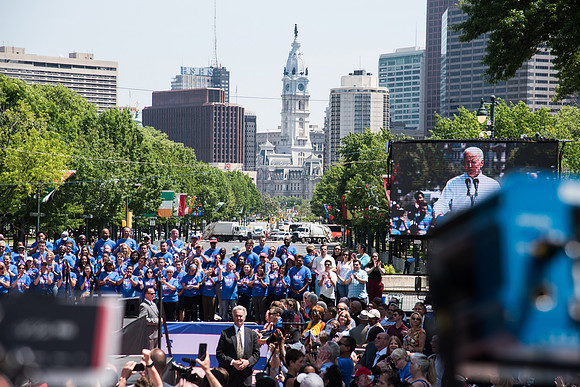 Fmr Vice President Joe Biden takes the stage in Philadelphia, PA.