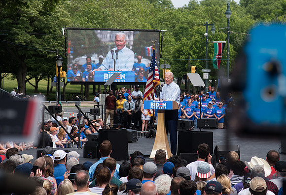 Fmr Vice President Joe Biden takes the stage in Philadelphia, PA.