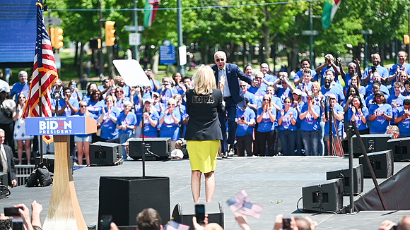 Fmr Vice President Joe Biden takes the stage in Philadelphia, PA.