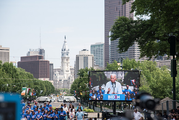 Fmr Vice President Joe Biden takes the stage in Philadelphia, PA.