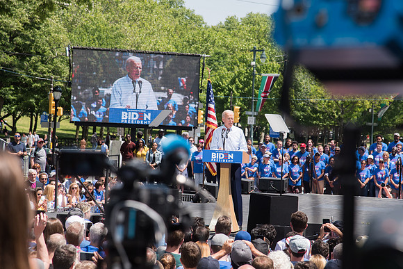 Fmr Vice President Joe Biden takes the stage in Philadelphia, PA.