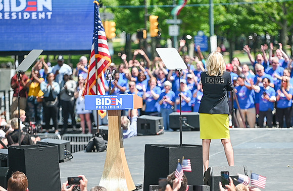 Fmr Vice President Joe Biden takes the stage in Philadelphia, PA.