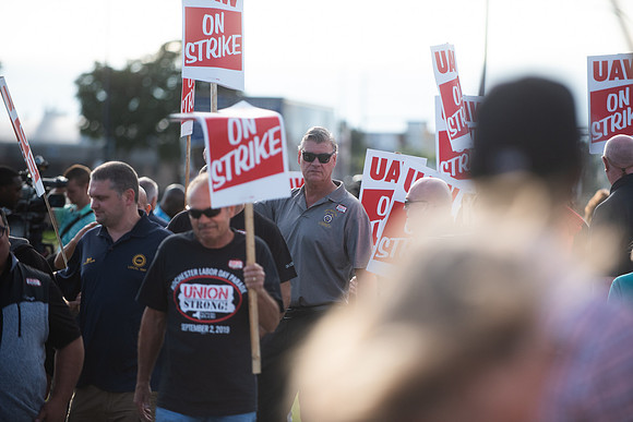 UAW Local 1097 members and solidarity strikers walk the picket line on Sept 16th, 2019 in Rochester.