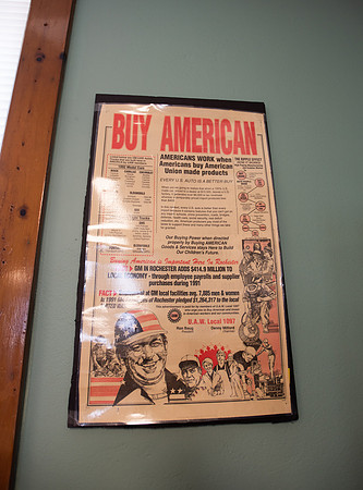 An old UAW poster hangs inside the UAW Local 1097 hall in Rochester NY