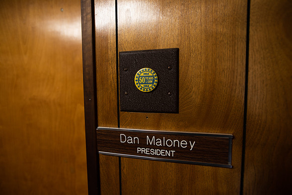 Inside the UAW 1097 hall a name placard outside of President Dan Maloney's office.