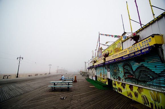 The famous Coney Island boardwalk is shuttered in preparation for Irene.