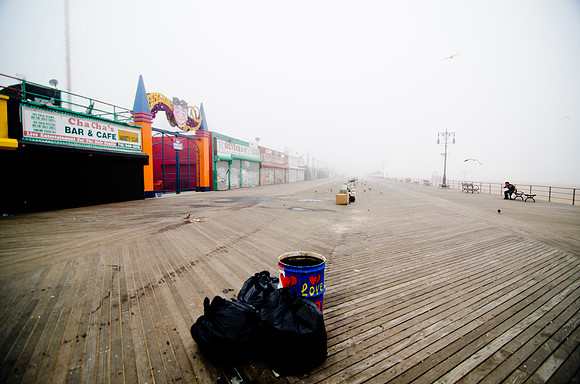 The famous Coney Island boardwalk is shuttered in preparation for Irene.