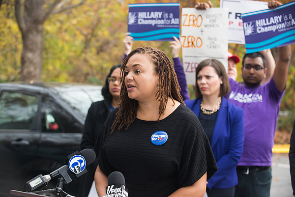 Planned Parenthood speaks outside the Melania rally.