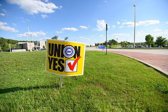 Pro-Union signs along the road outside of the Chattanooga Volkswagen plant before the vote in June,