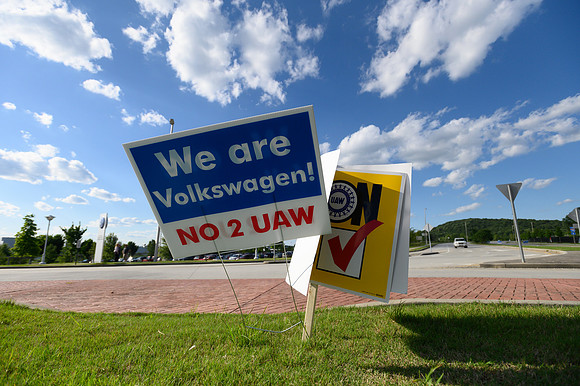 Pro-Union signs along the road outside of the Chattanooga Volkswagen plant before the vote in June,