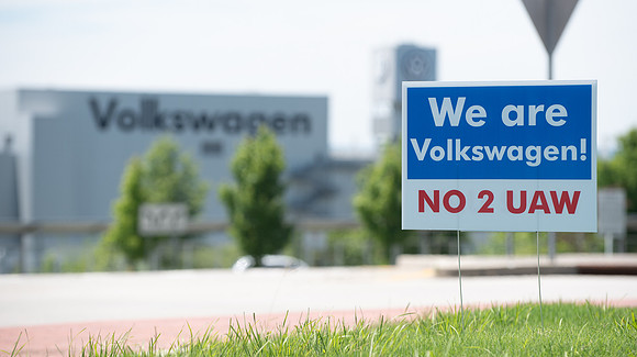 Pro-Union signs along the road outside of the Chattanooga Volkswagen plant before the vote in June.
