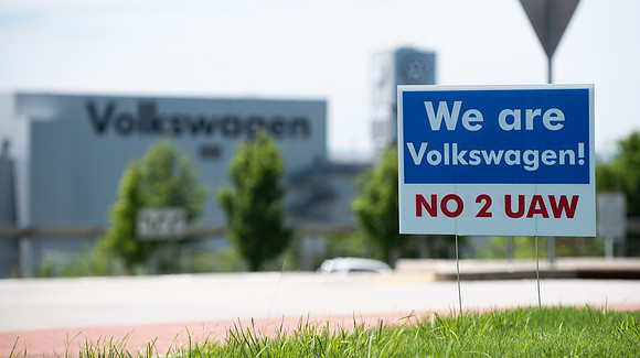 Pro-Union signs along the road outside of the Chattanooga Volkswagen plant before the vote in June.